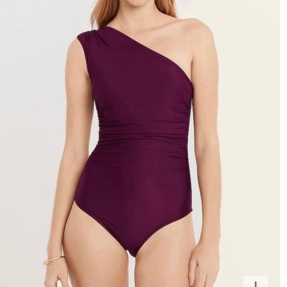 J Crew NWT Ruched one-shoulder one-piece swimsuit burgundy purple size 24 - Picture 1 of 9